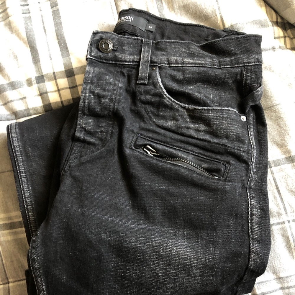 Men’s Hudson Moto Black Ripped Jeans Size 34